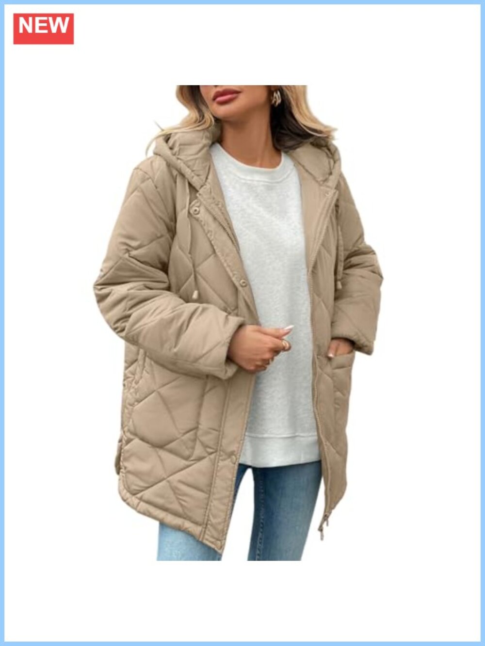 Quilted Puffer Jacket Hooded Long Sleeve Full Zip Lightweight Winter Coat